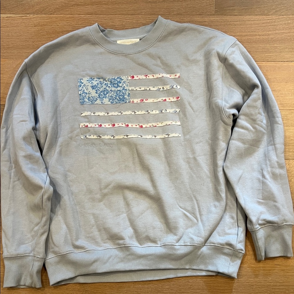 LoveShackFancy Light blue Crewneck Sweatshirt with Floral Flag Patch